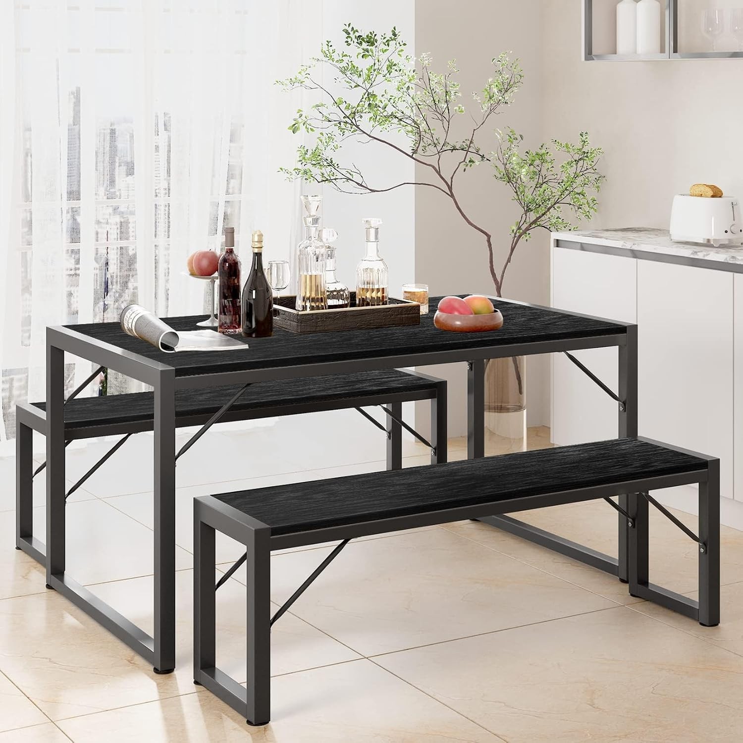 45.5" Dining Table Set for 4 with 2 Benches Kitchen Table Set with Metal Frame