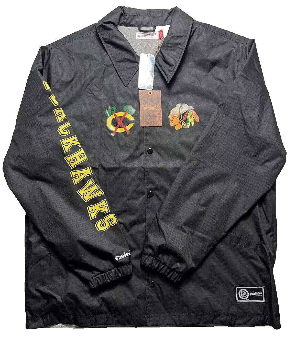 NWT Mitchell & Ness Black Chicago Blackhawks Full-Snap Coaches Jacket Size 2XL
