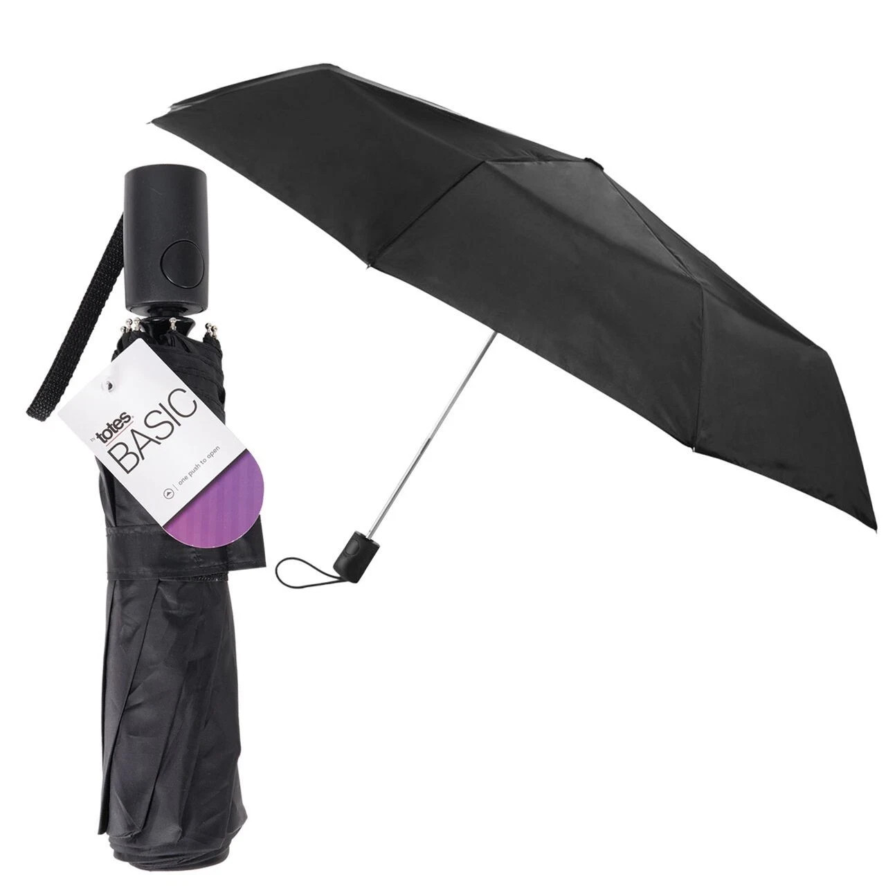 totes Basic auto open umbrella ~ 42 Coverage ~ Black NEW