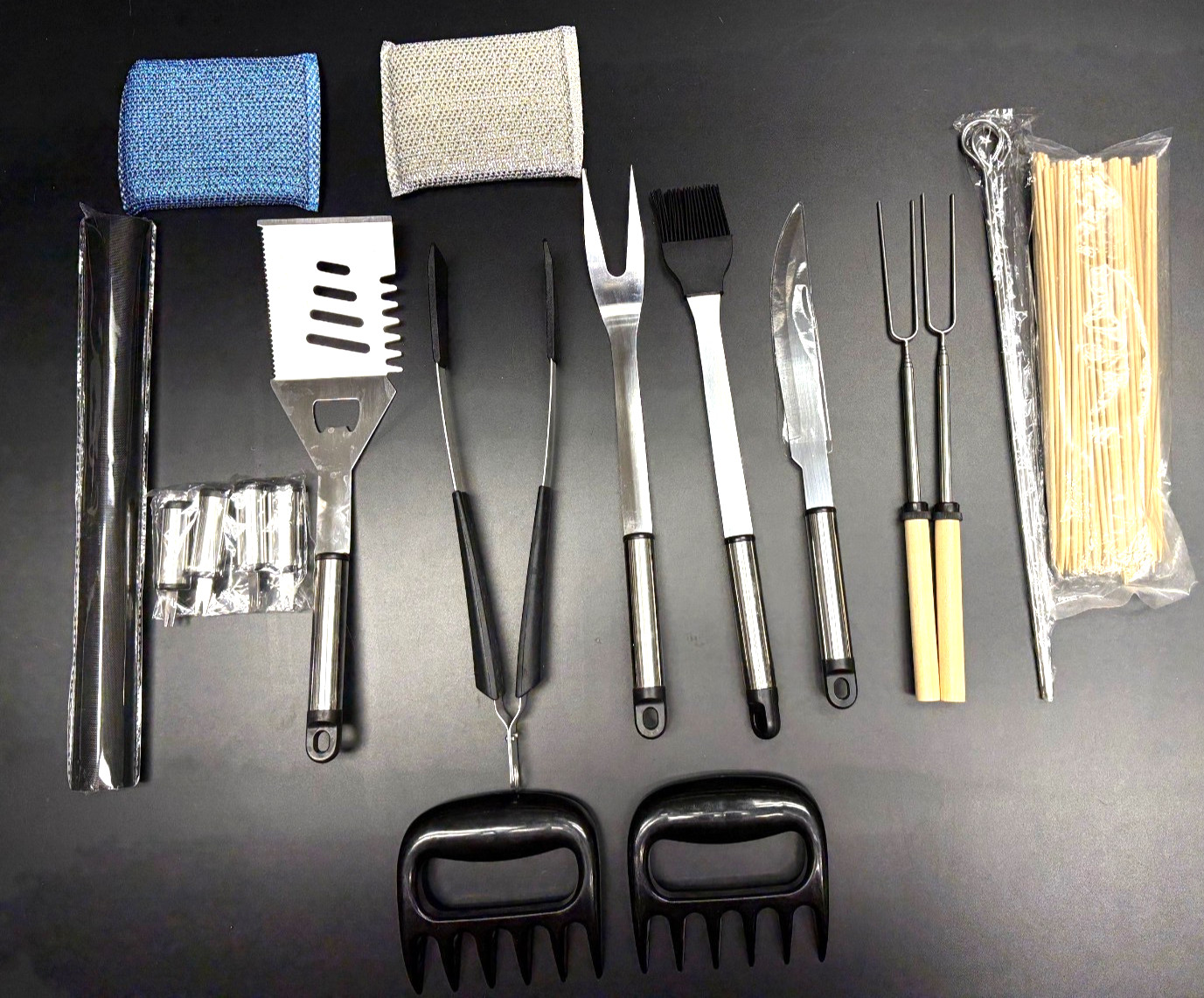 15 Piece BBQ Set for Grilling, Shishkabob, Marshmallows, Cleaning with Case