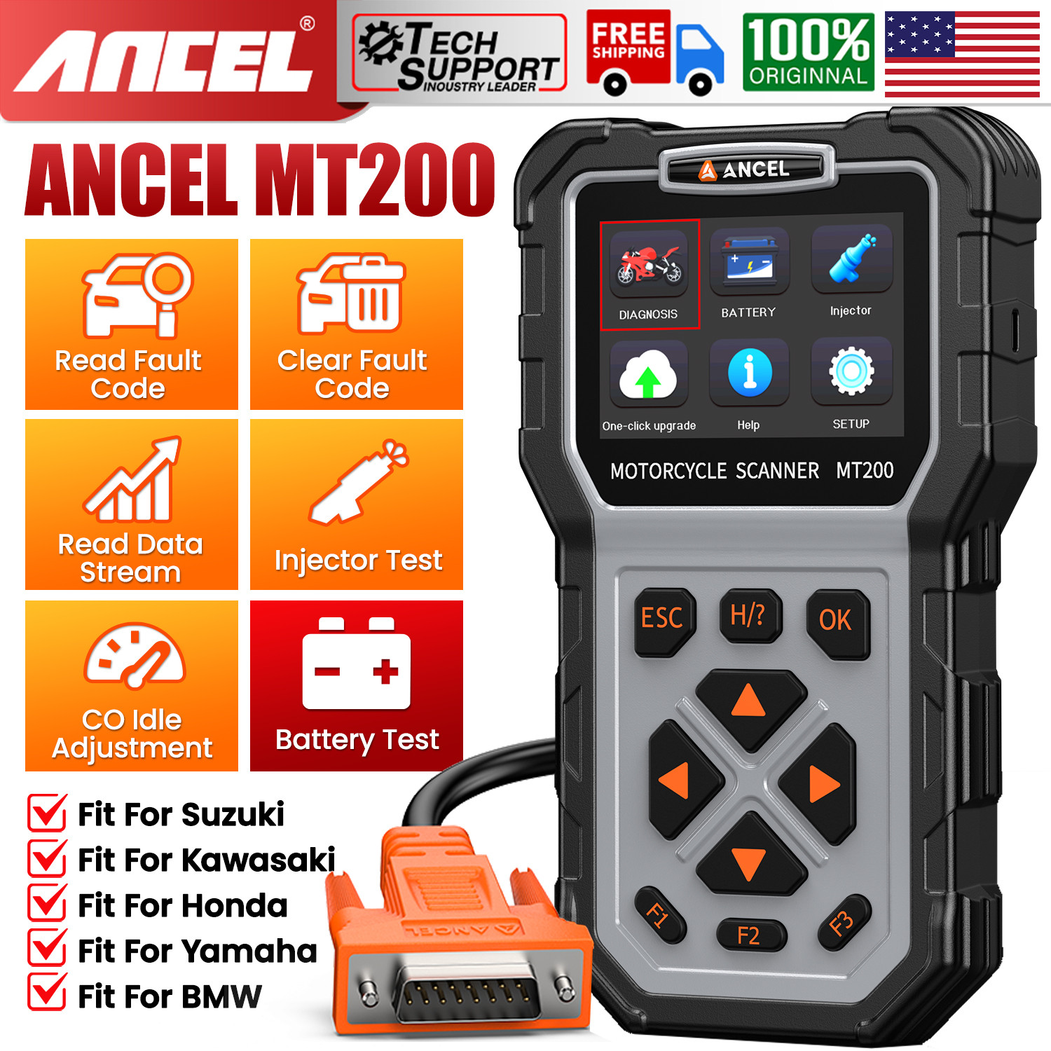 ANCEL MT200 OBD2 Motorcycle Scanner Full System Diagnostic Tool for Yamaha BMW