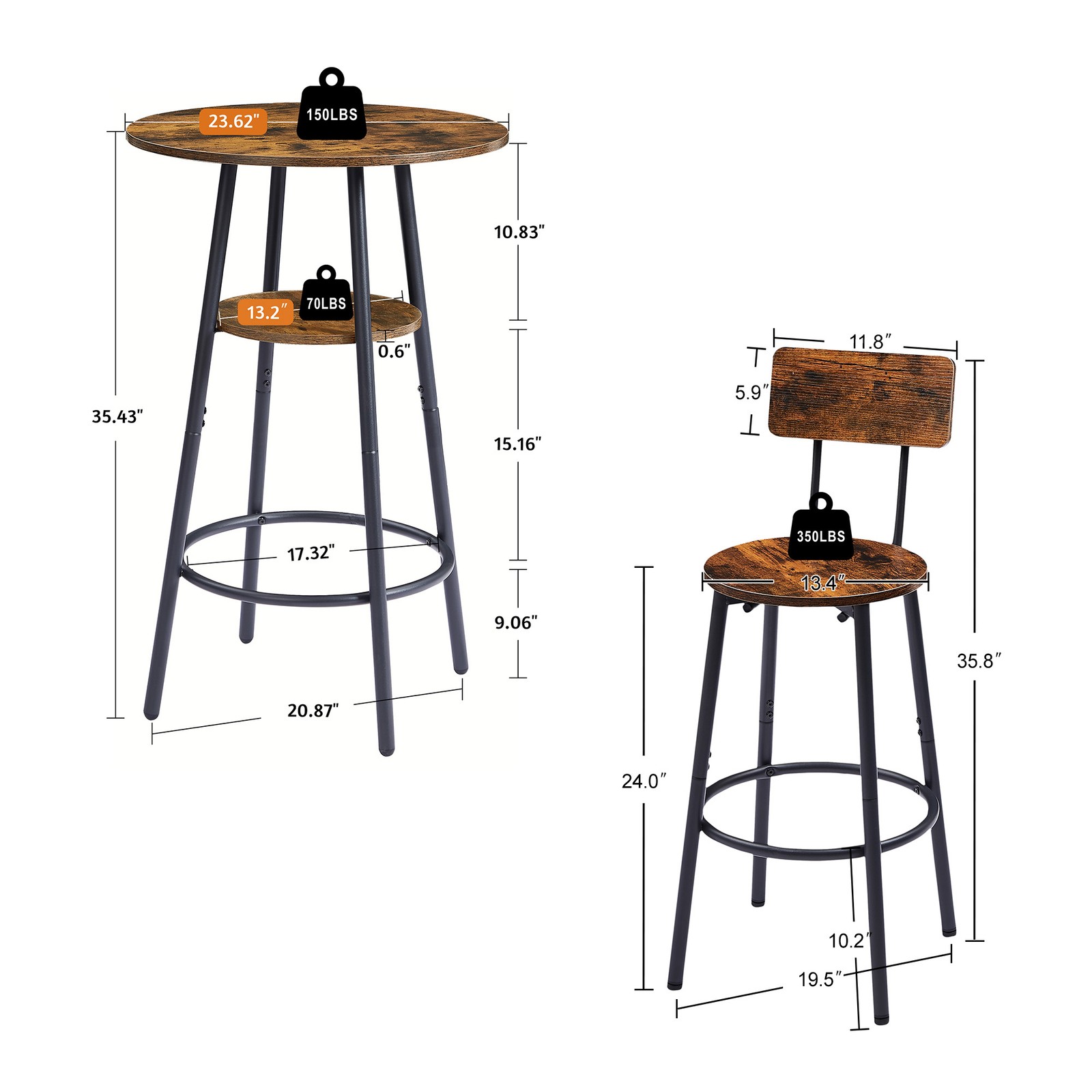 Round bar stool set with shelves, stool with backrest Rustic Brown, 23.6'' Dia
