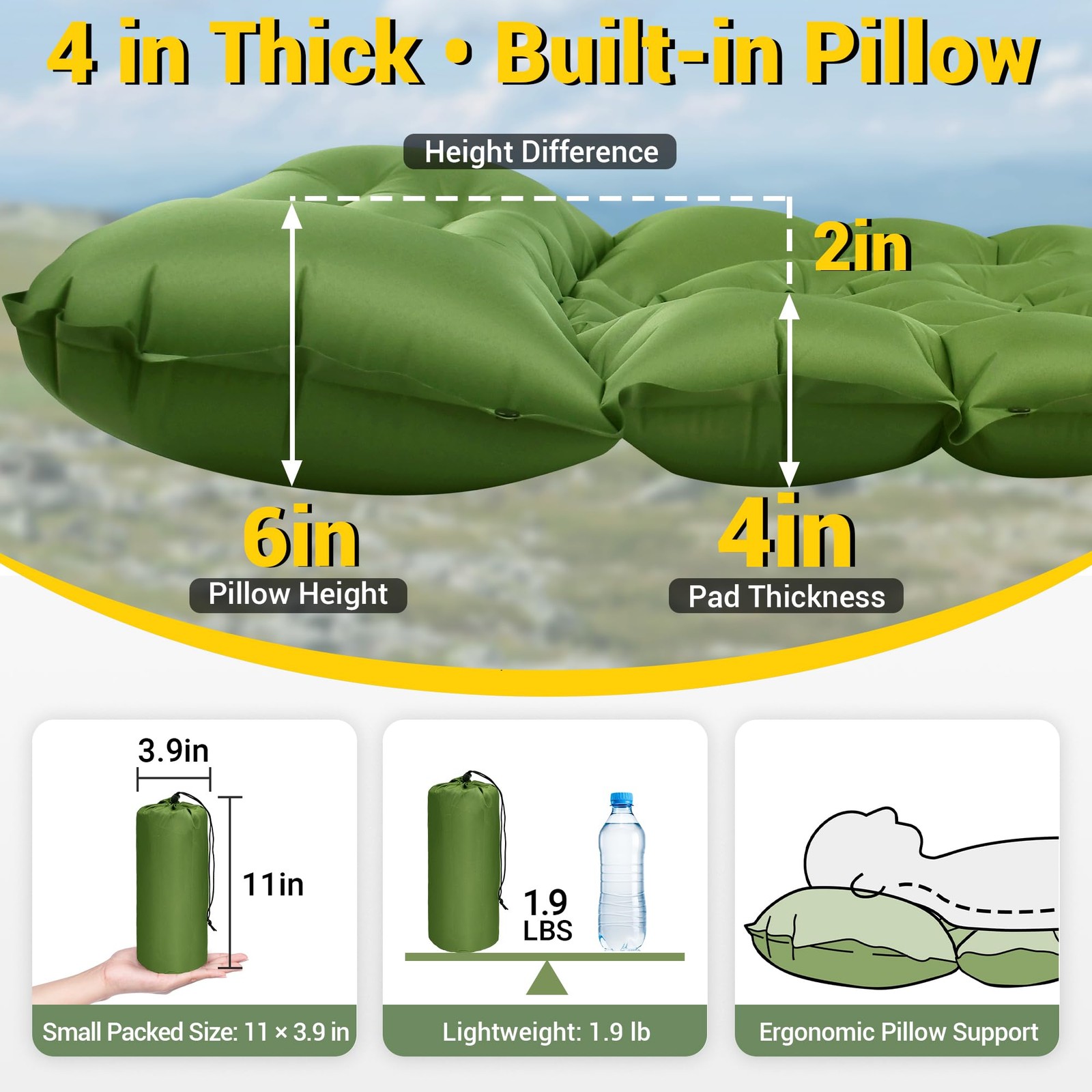 Camping Sleeping Pad, Backpacking Sleeping Pad with Built-in Pillow and Foot ...