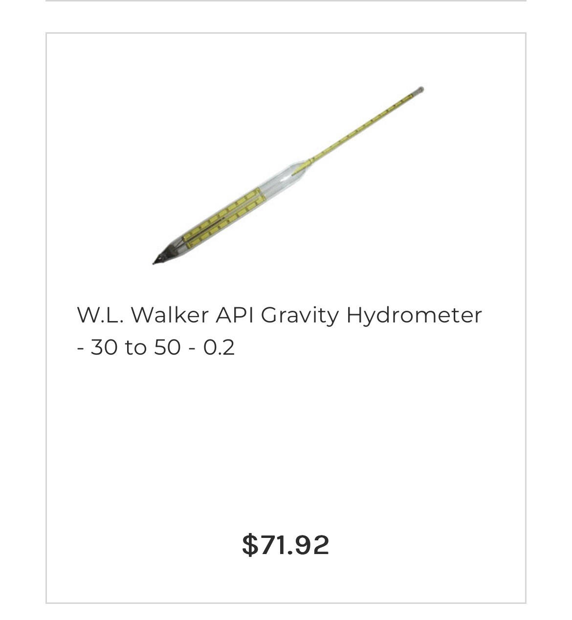 W.L. Walker Certified API Gravity HYDROMETERS 30-50. (5)available