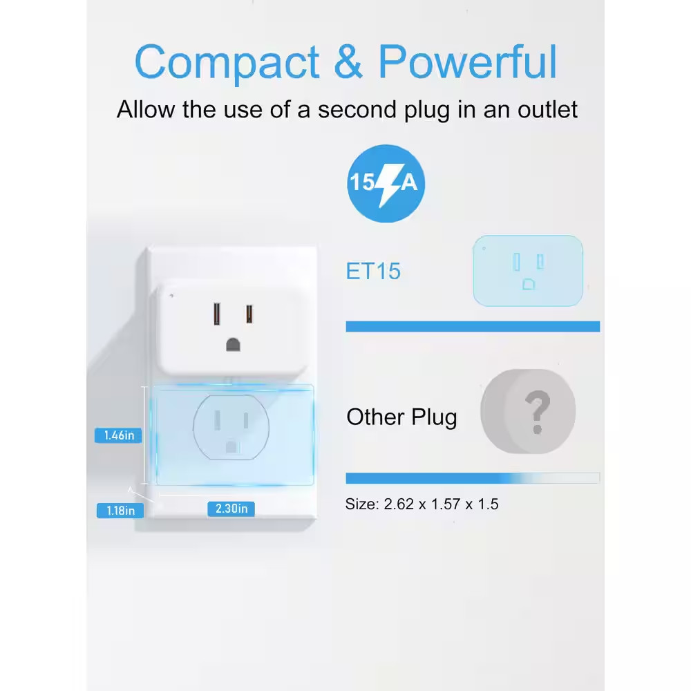 15 Amp 120-Volt Wi-Fi Smart Plug Grounding Remote Control Alexa Google Home Comp