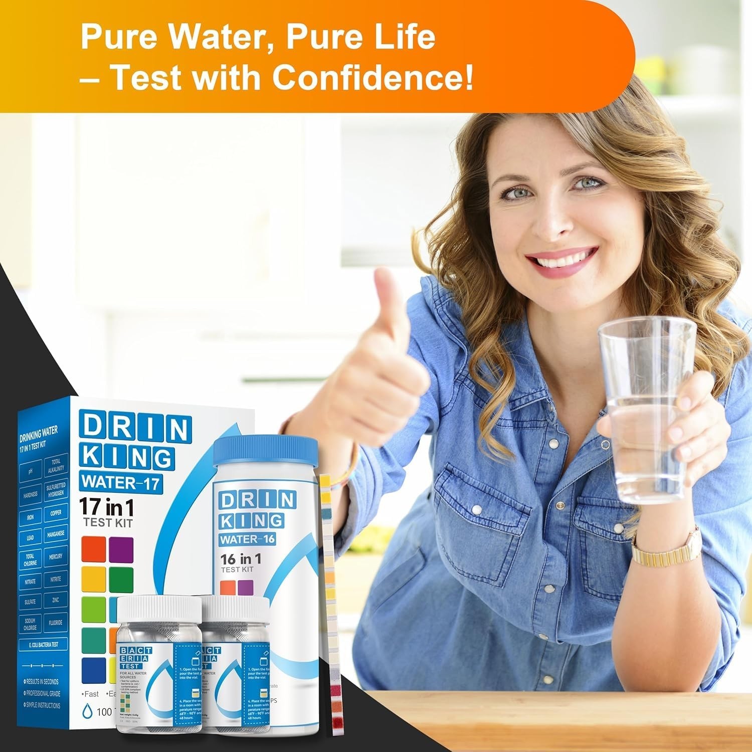 Drinking Water Strips 17 in 1 50 Strips + 2 Bacteria Tester Kits, Complete W...