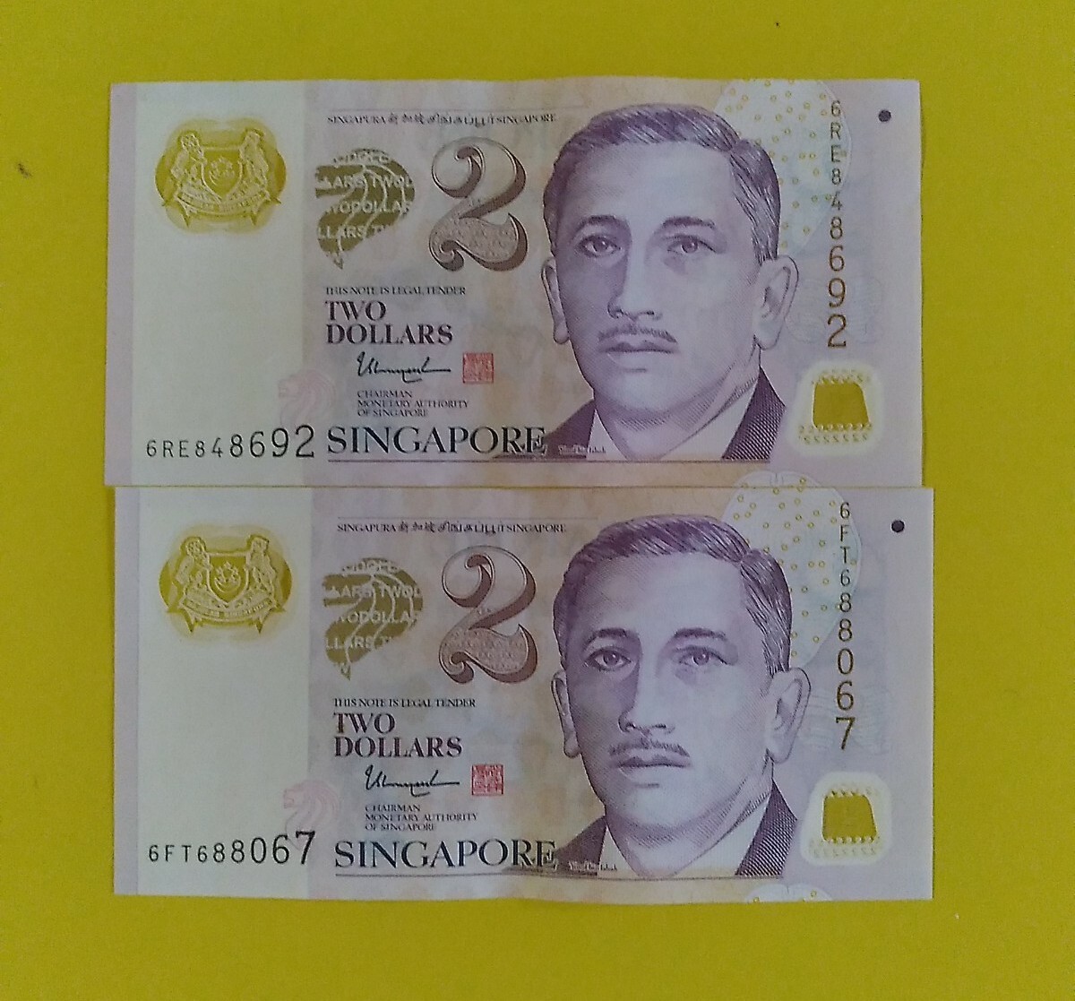 1987 SINGAPORE:  $2.00 BANKNOTE EDUCATION THEME 2 CONSECUTIVE  UNCIRCULATED