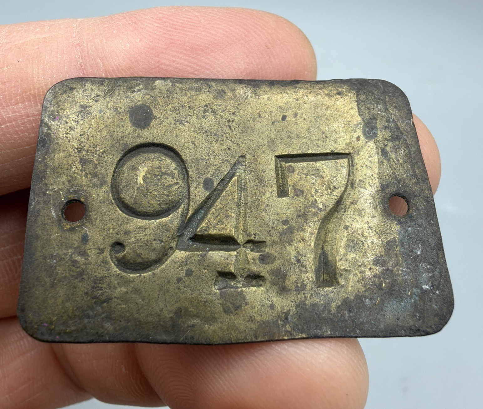 Antique Number 947 Tag Brass Metal Fob Vintage Furniture Tag Locker Tag Charm