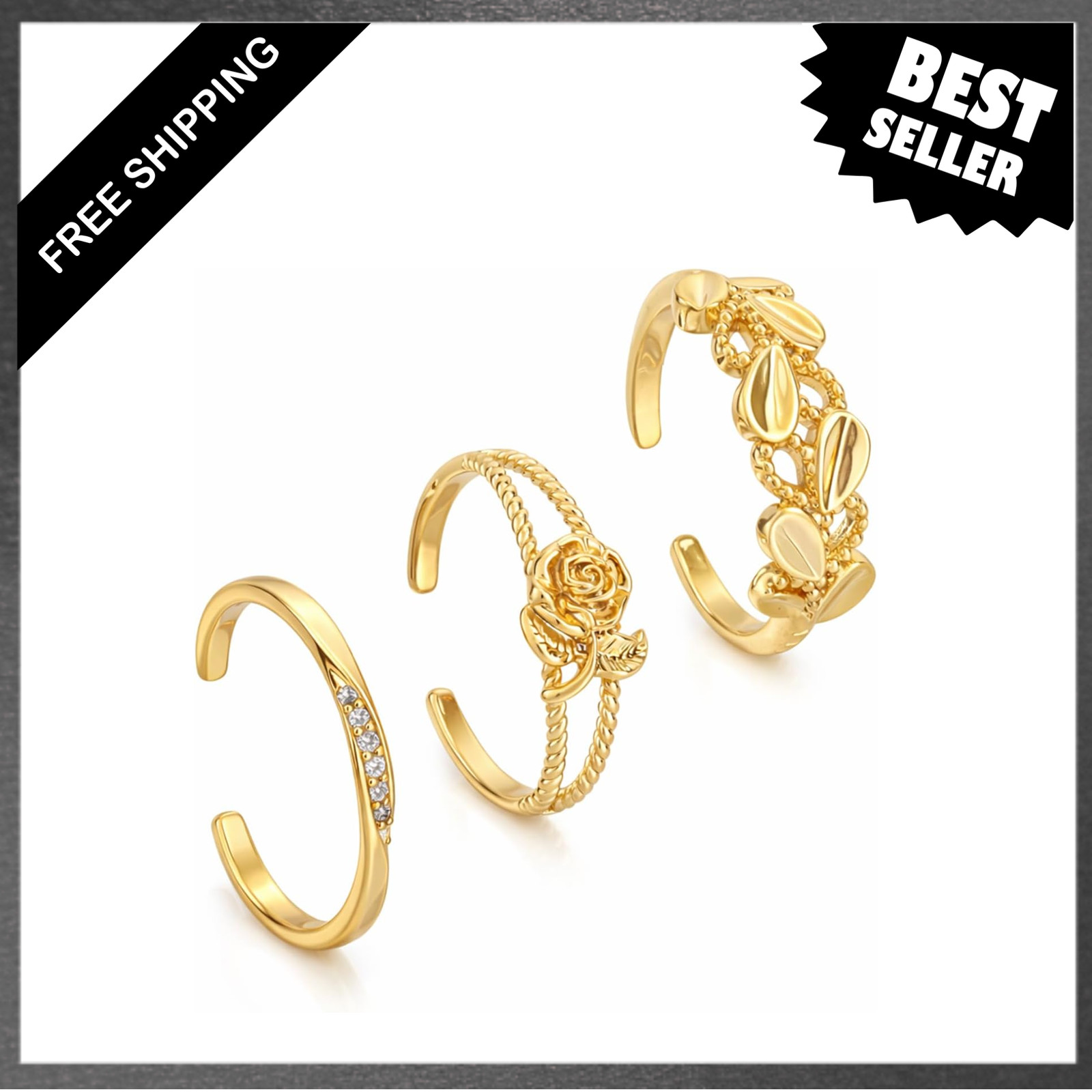 Women's Toe Rings Set, Adjustable Gold Plated, 3 Styles, Summer Beach Jewelry