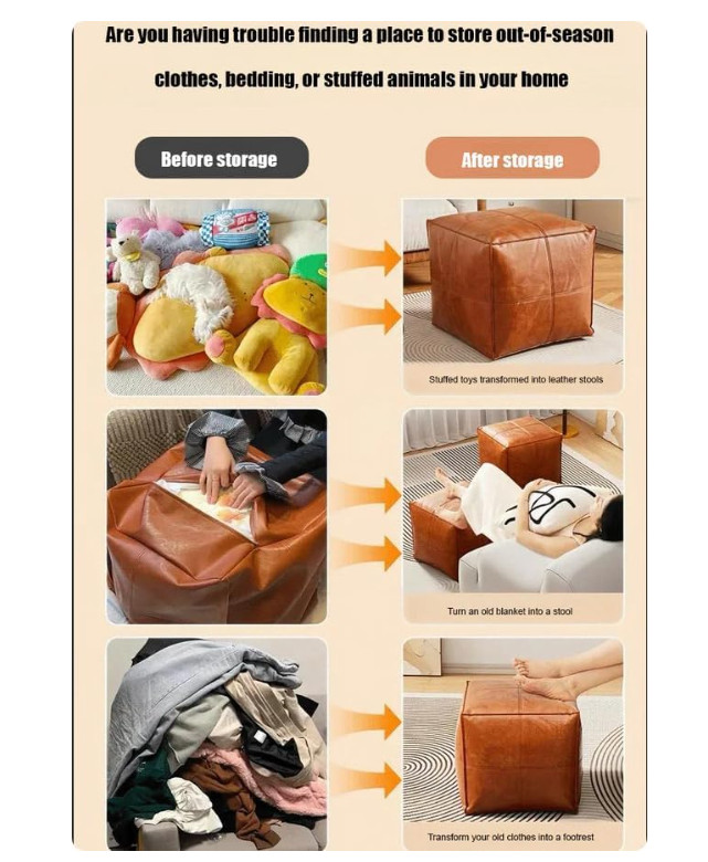 Stuffable Cushion Bag Unstuffed Pouf Ottomans PU Leather 16" Cushion Storage Bag