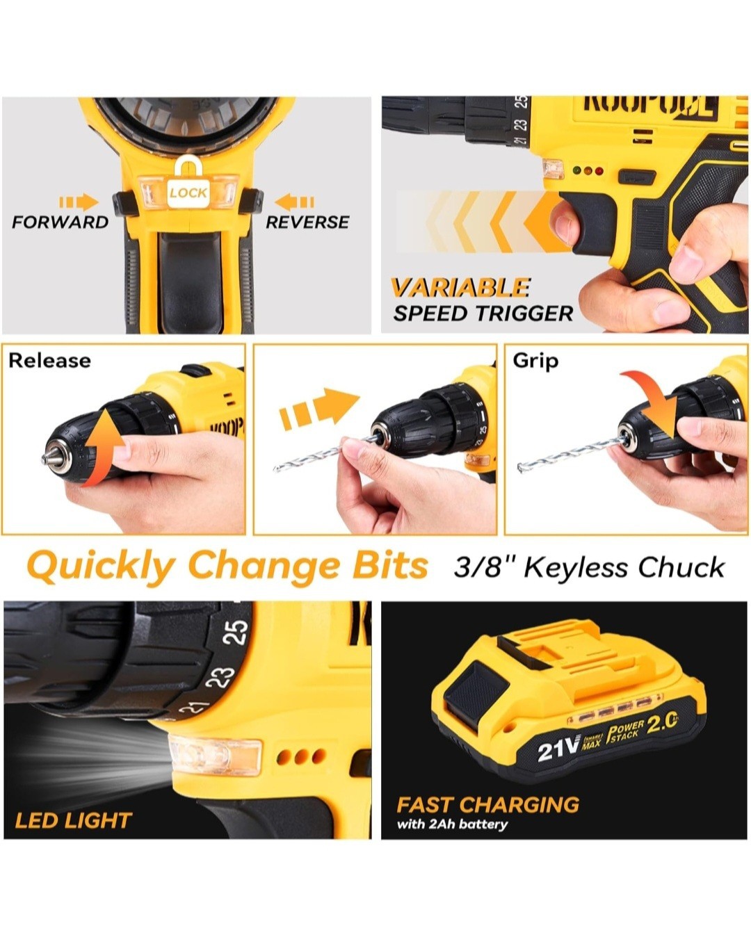 KOOPOOL 21V Cordless Drill/Driver Kit 187 pcs Case, Battery, Charger, Bits,Tools