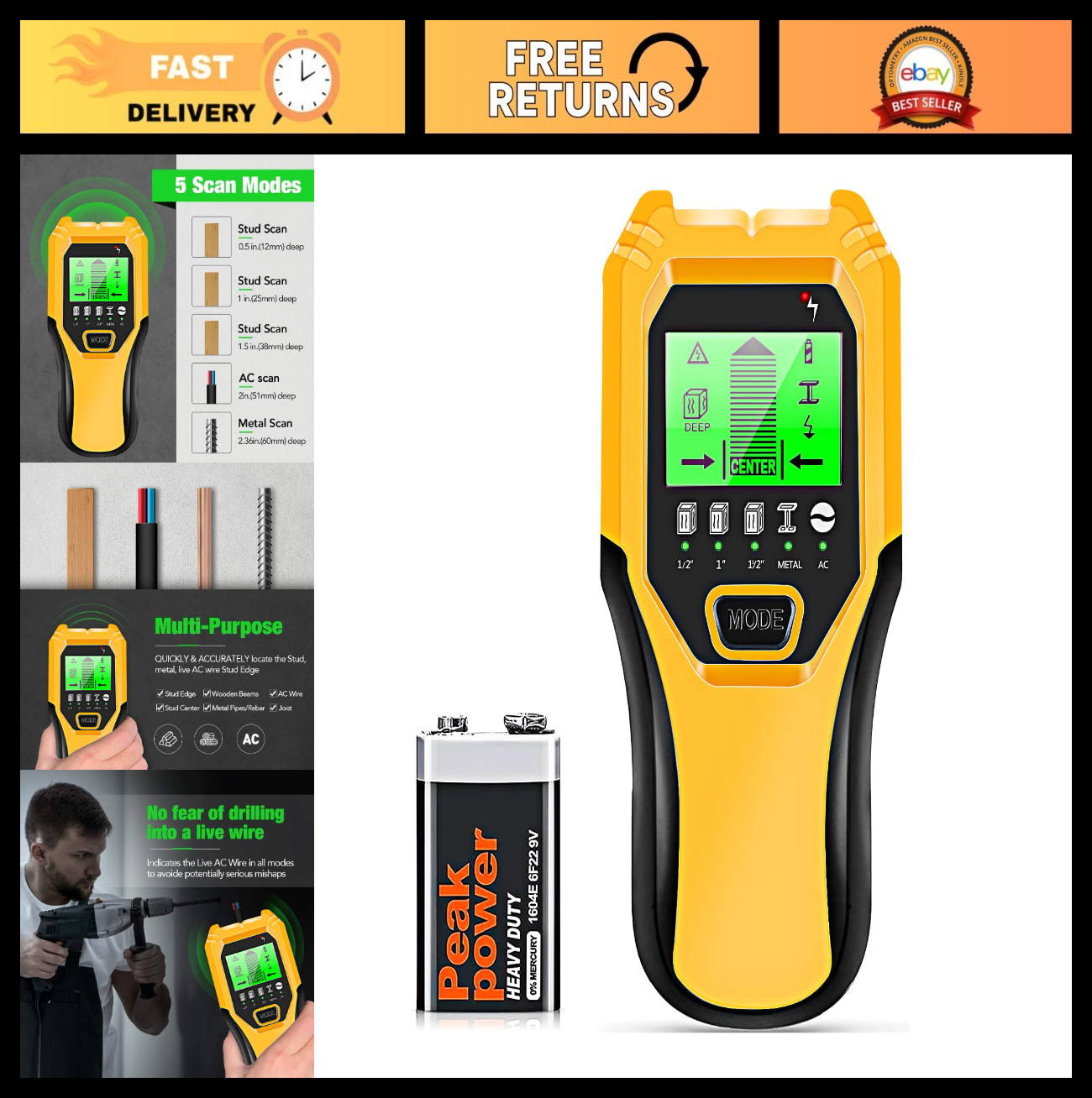 5-in-1 Wall Scanner Stud Finder - Smart Sensor for Wood, Metal & AC Wire Detecti