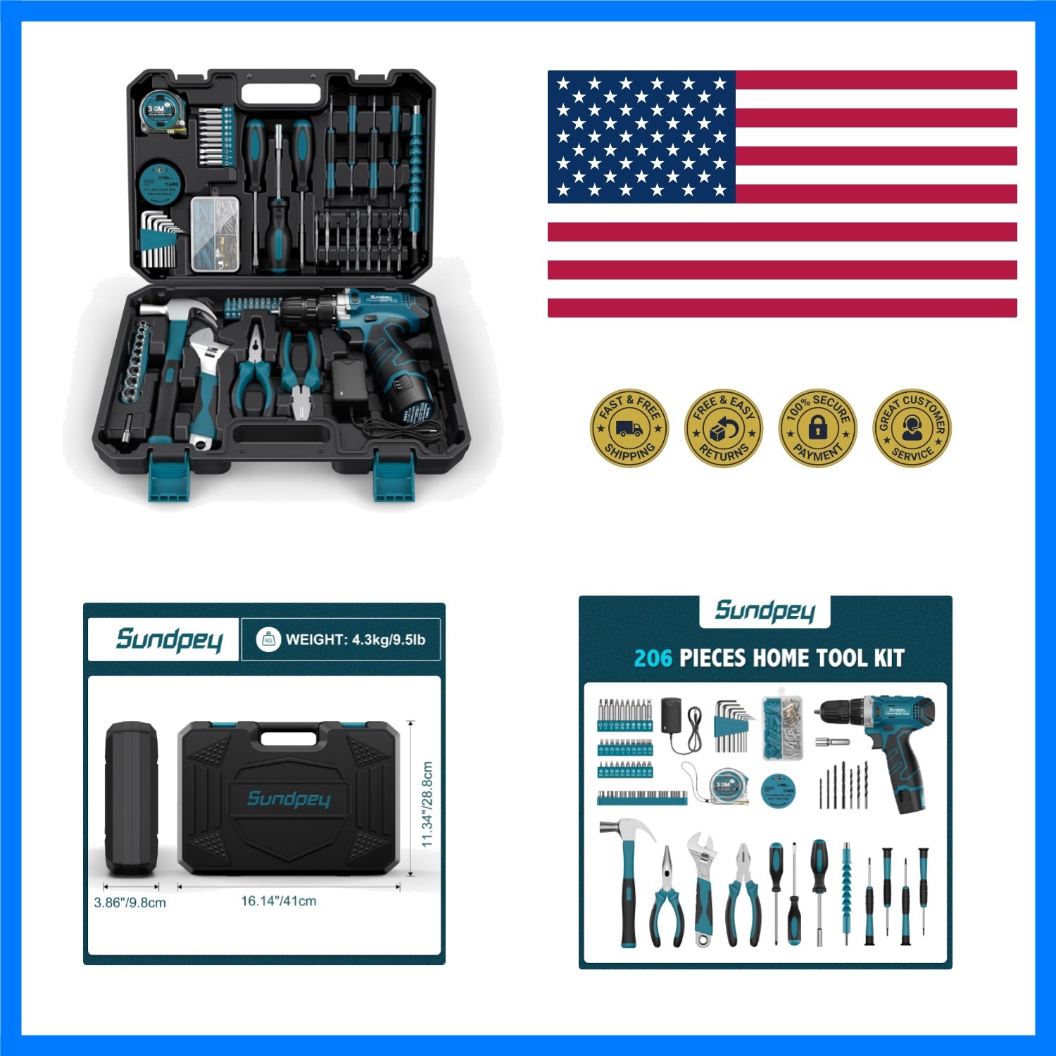 206PC Portable Basic Home Tool Kit Set with 12V Cordless Drill Blue | with Ad...