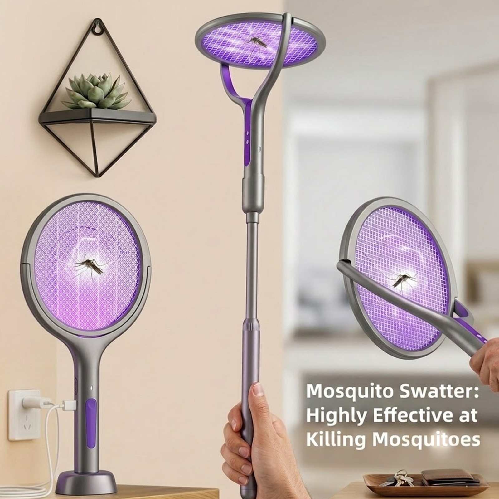 Electric Fly Swatter Racket Rechargeable Bug Zapper with a Telescopic Extensions