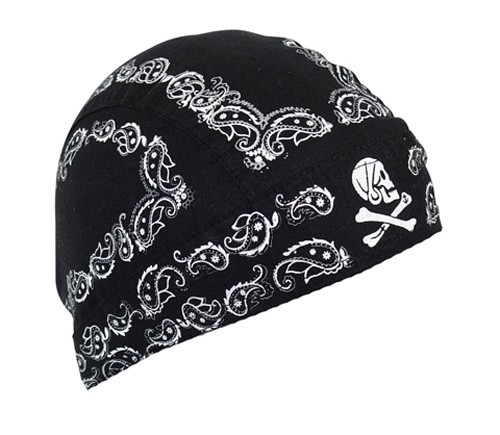 NEW ZAN HEADGEAR HEADWRAP ADULT FLYDANNA, BLACK SKULL PAISLEY, ONE SIZE