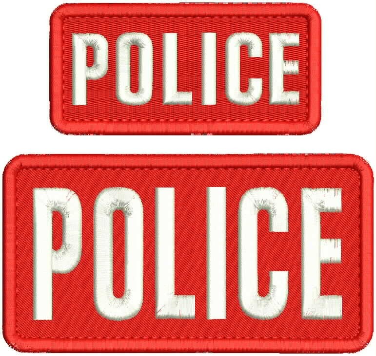 POLICE EMBROIDERY PATCHES 3X6 AND 2X4.5 HOOK ON BACK  WHITE ON RED