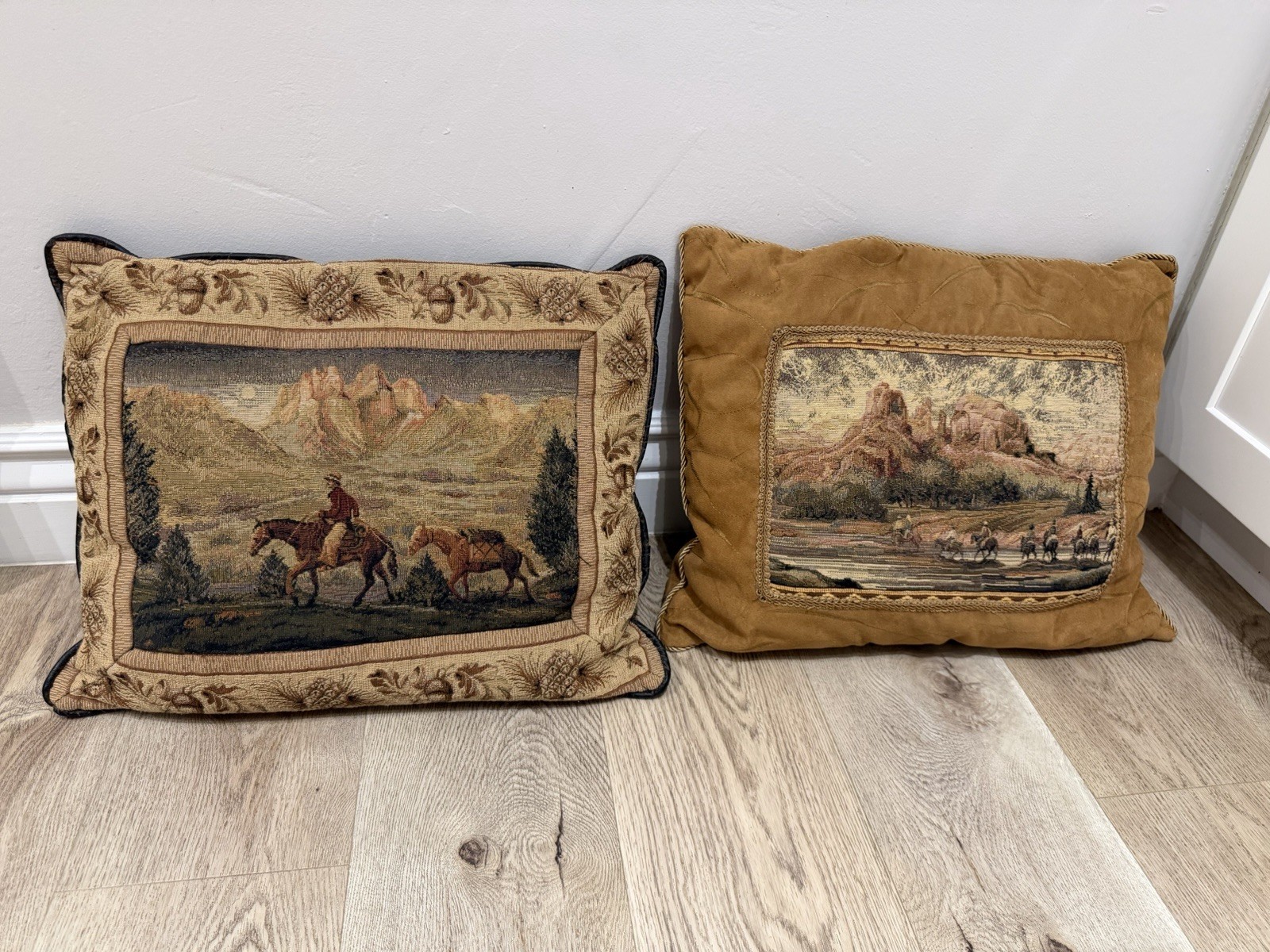 Vintage Western Tapestry Throw Pillow Set – Cowboy Horse Desert Scene (Set of 2)