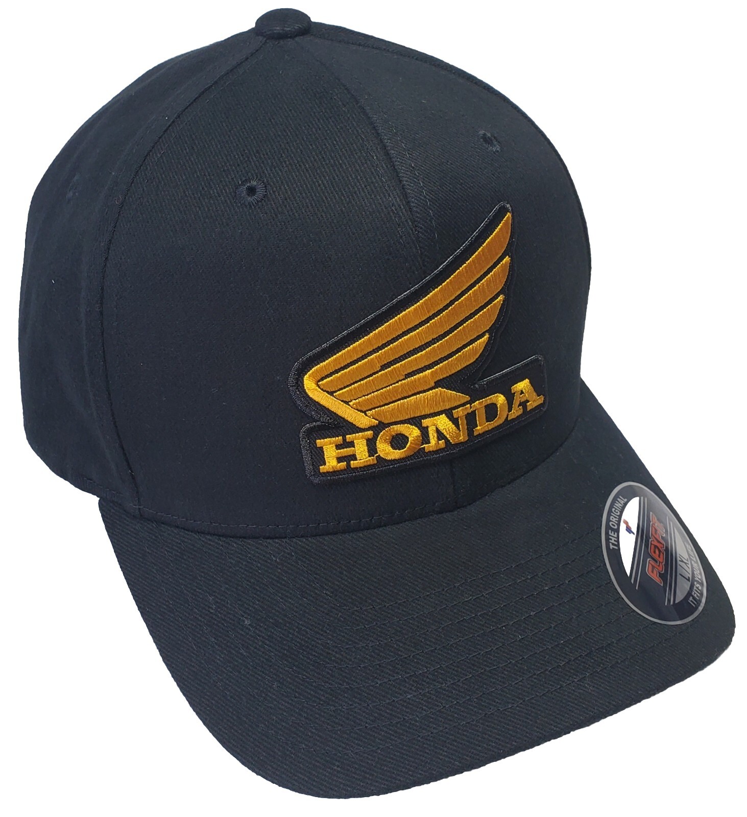 Honda Wing Logo Patch on Flexfit 6377 Brushed Twill/ Black L/XL 7 1/8" - 7 5/8"