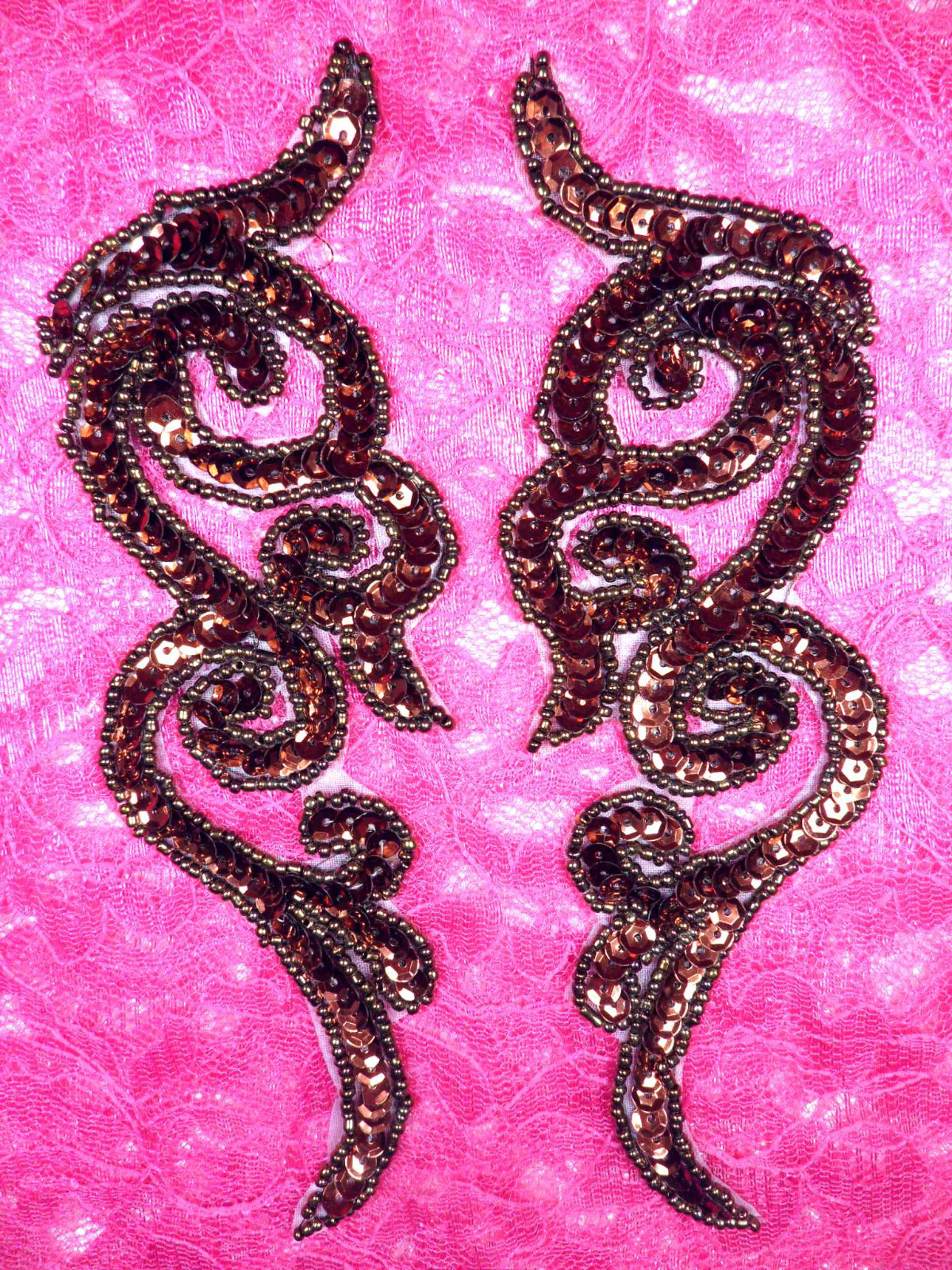 MIRROR PAIR Chocolate Scroll Designer Sequin Appliques  JB233