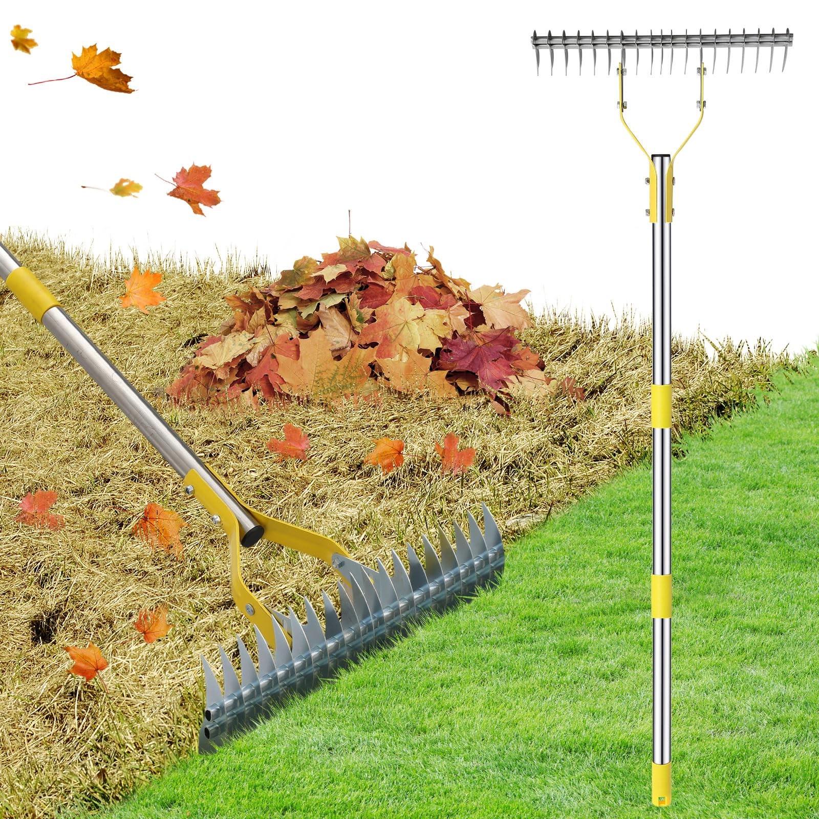 2 in 1 Rake Stainless Steel Garden Rake for Leaves,Thatch,55” Heavy Duty 19 T...