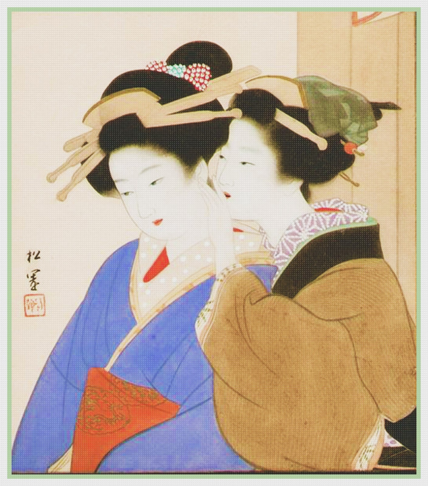 Asian Japanese Maidens Whispering by Uemura Shoen Counted Cross Stitch Pattern