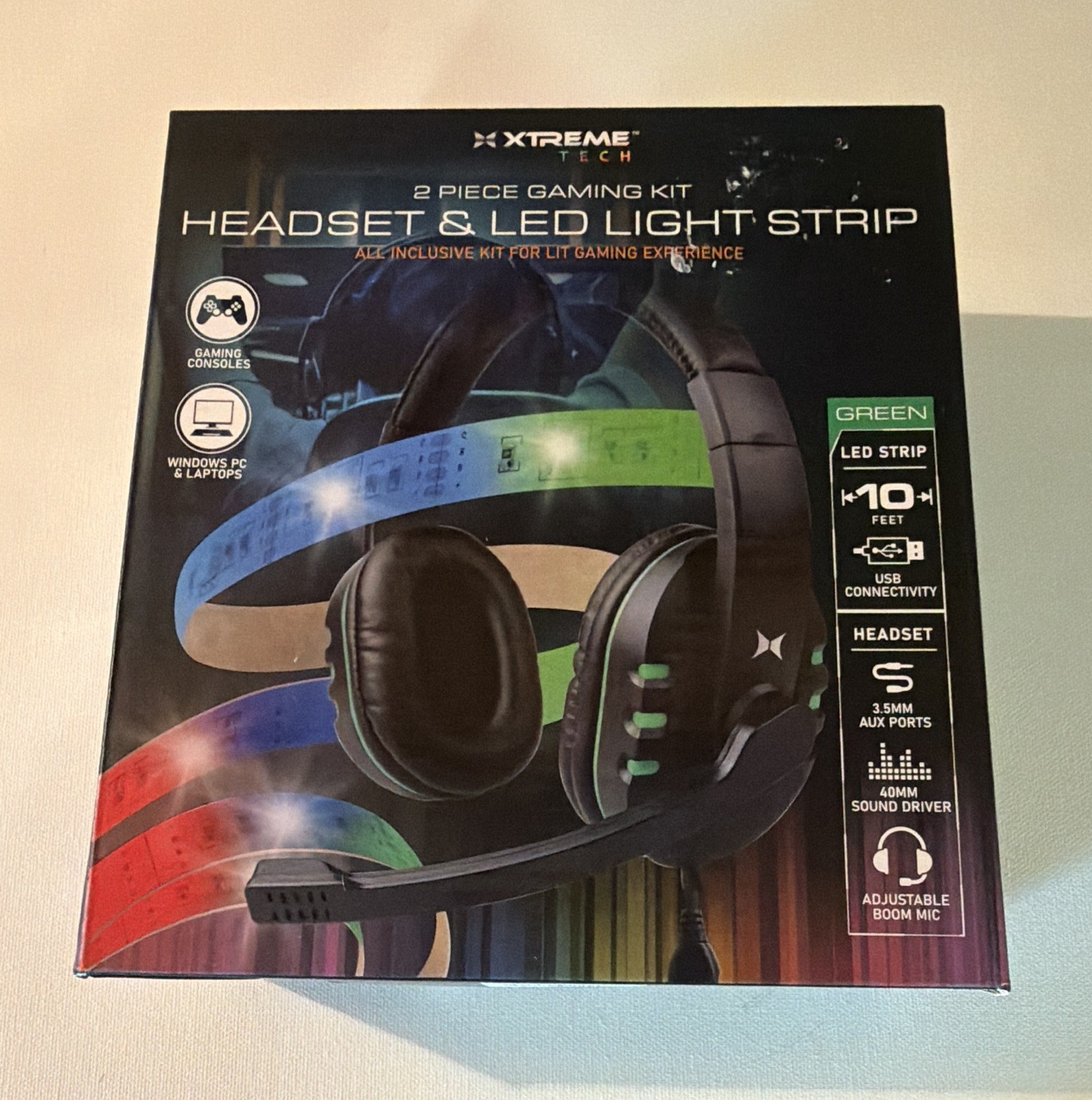 Xtreme Tech Gaming Kit Headset + 10ft LED Strip, Mic, Volume, USB/3.5mm New