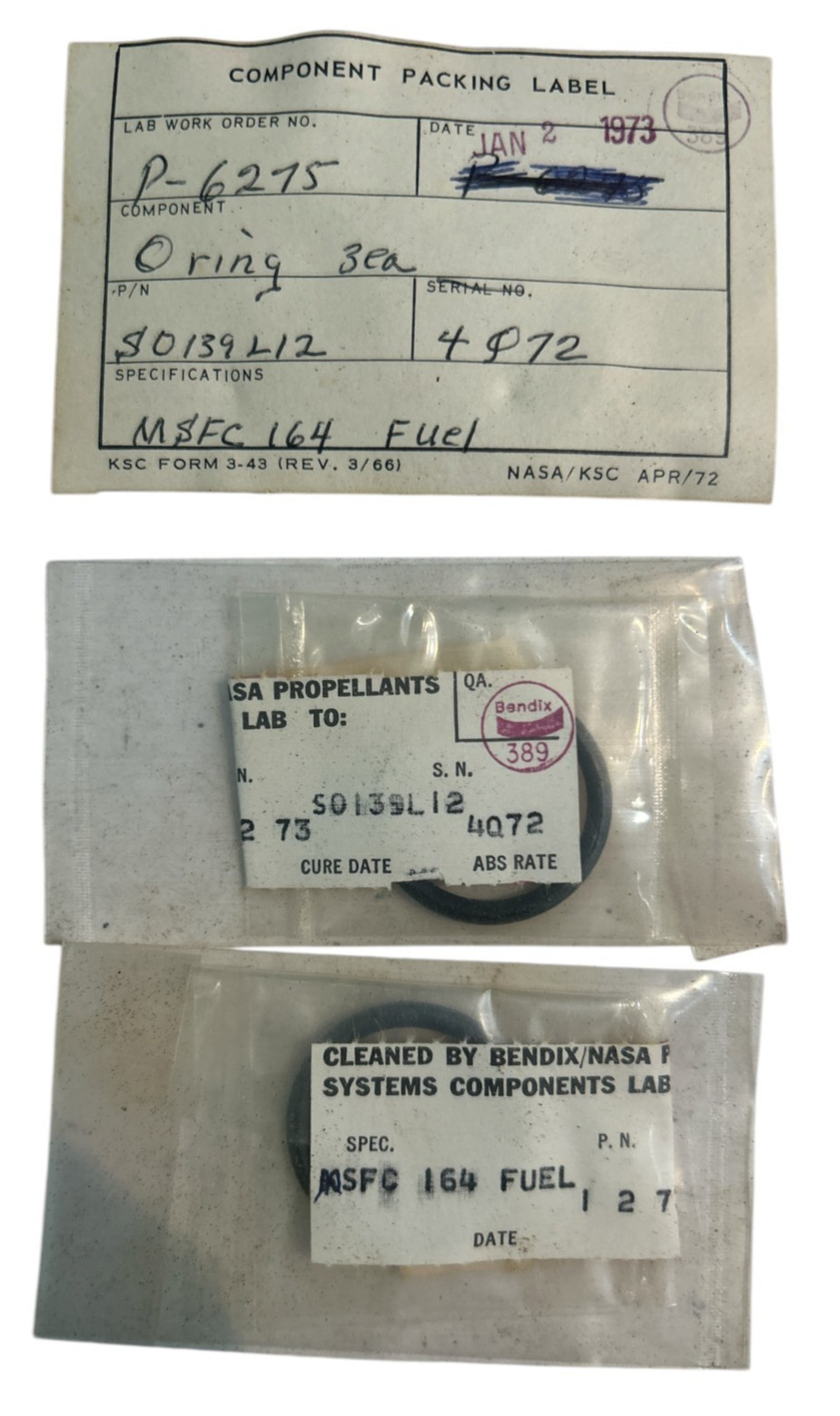 JAN 2 1973 APOLLO NASA SPACE PROGRAM O RINGS (2) SEALED IN ORIGINAL PACKAGE B