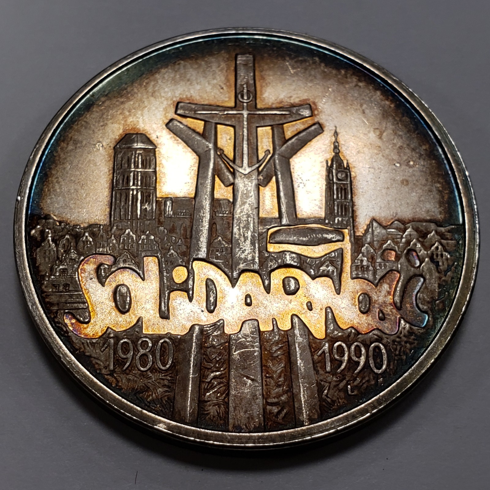 1990 Poland 100,000 Zlotych 1 oz .999 Silver Solidarity - Rainbow Toning - Q4204