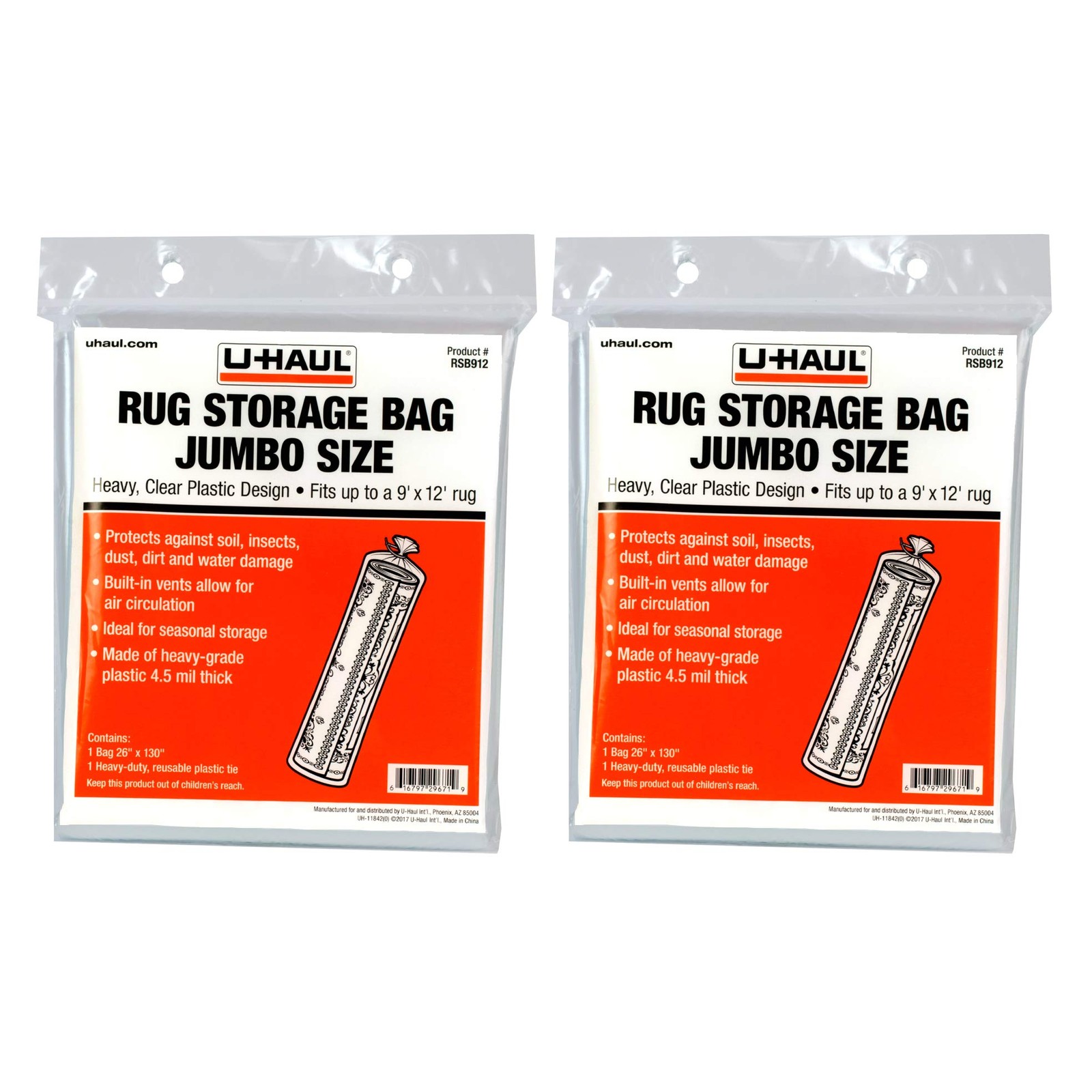 2 Pack Jumbo Rug Storage Bags, 26 x 130, Fits Rugs up to 9 x 12, Moving