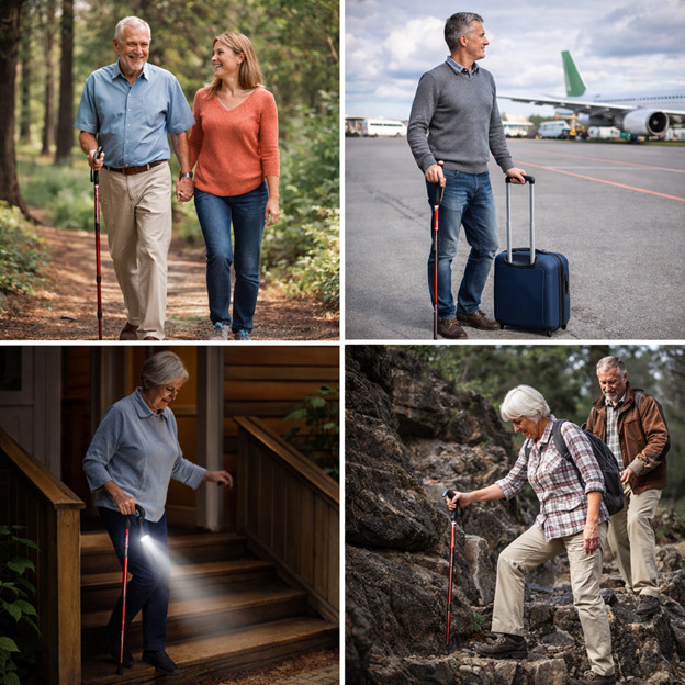 Adjustable Walking Cane with Rotatable Flashlight