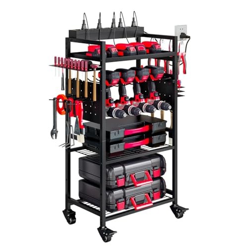 Large Power Tool Organizer Cart with 4 Tier(with Charging Station) Black