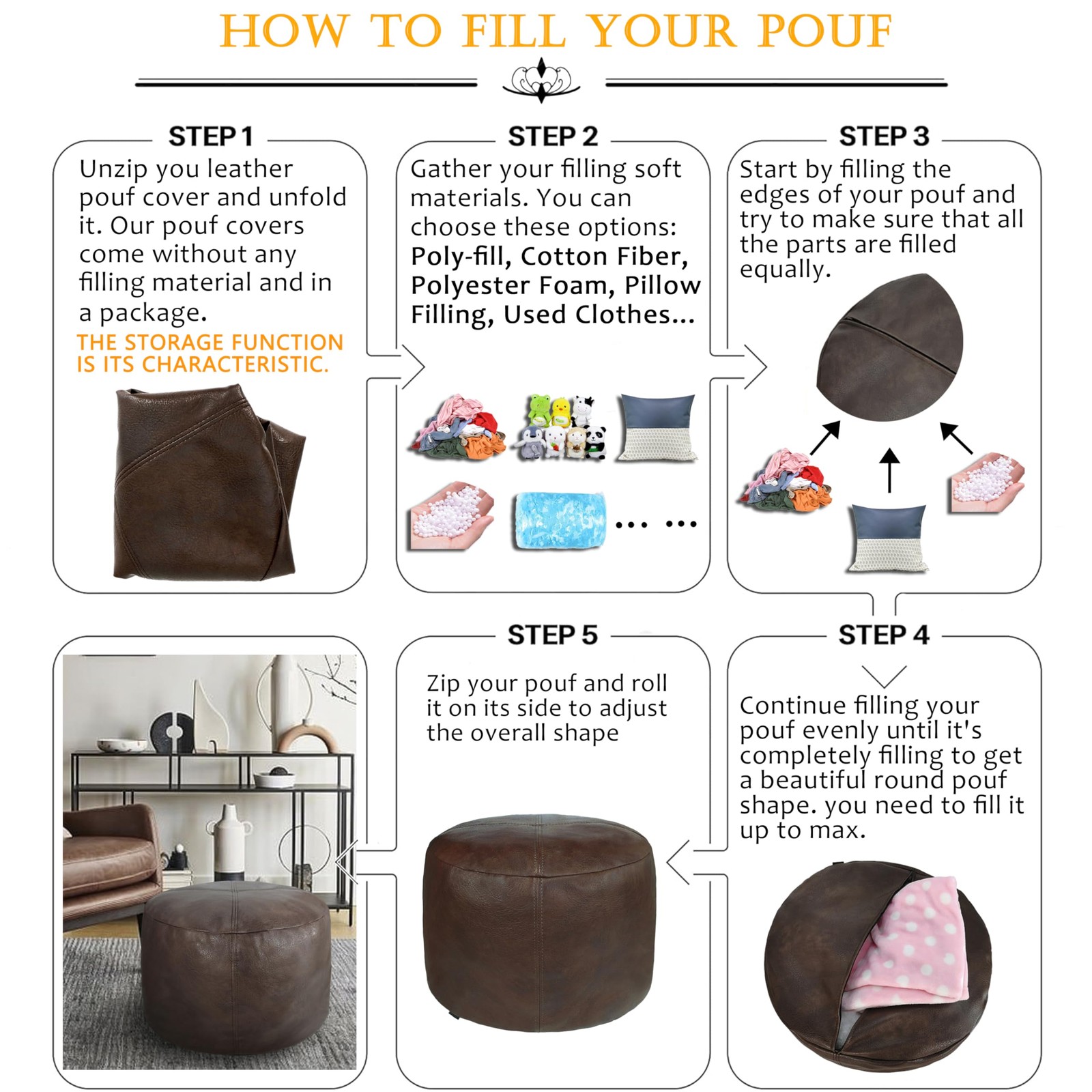 Thgonwid Unstuffed Faux Leather Pouf Cover, 16.5”x12.5”, Matte Coffee