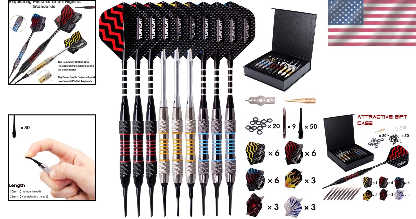 Elegant 9-Pc Soft Tip Dart Set - 18g with 27 Flights, Case & Multi-Purpose Tool