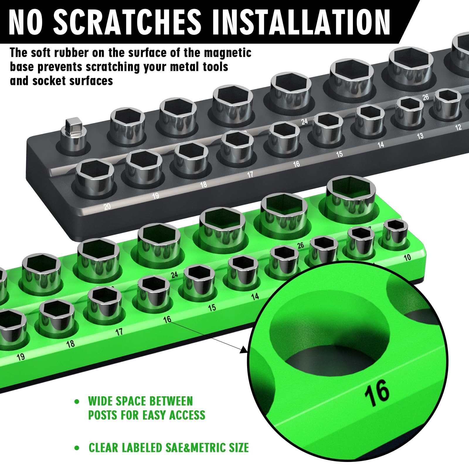 Magnetic Socket Organizer Holder Set For Tool Box Drawer, Toolbox Green+Black