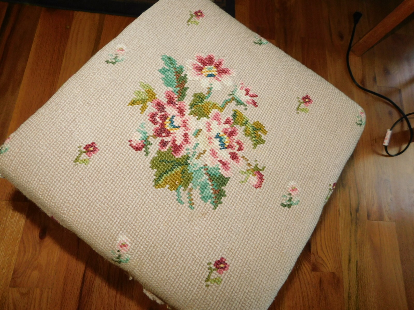Pink Floral Needlepoint Stool Vintage Handmade