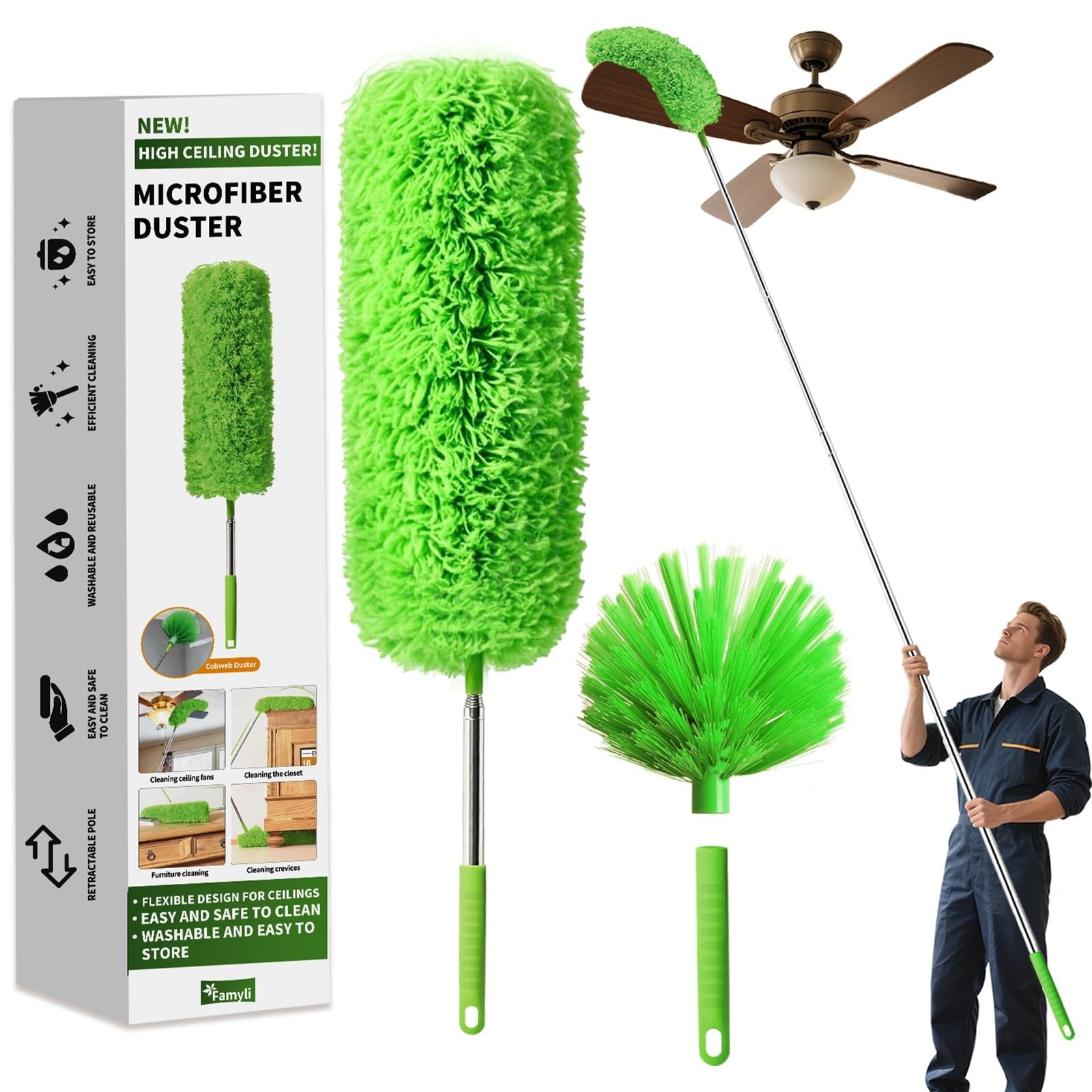 Cobweb Duster with Extension Pole, Washable Cleaning Duster Set with 2 Duster...