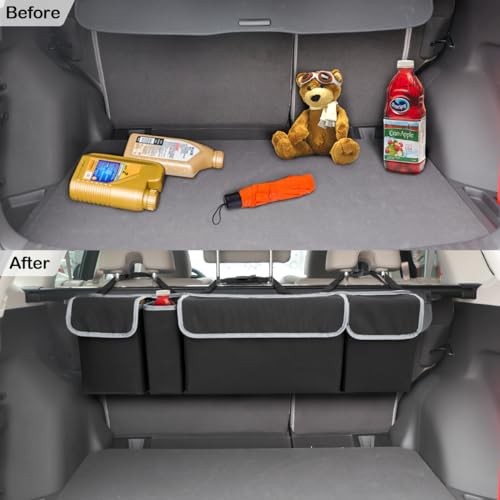 Car Trunk Organizer with Lid, Backseat Hanging Storage Bag with 4 Pockets & 3