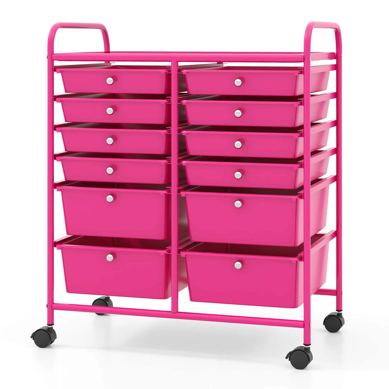 12-Drawer Rolling Storage Cart w/ 2 Sizes Plastic Drawers Hot Pink