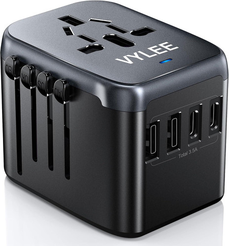 VYLEE Universal Travel Adapter, 5 in 1 International Power Adapter Black Grey