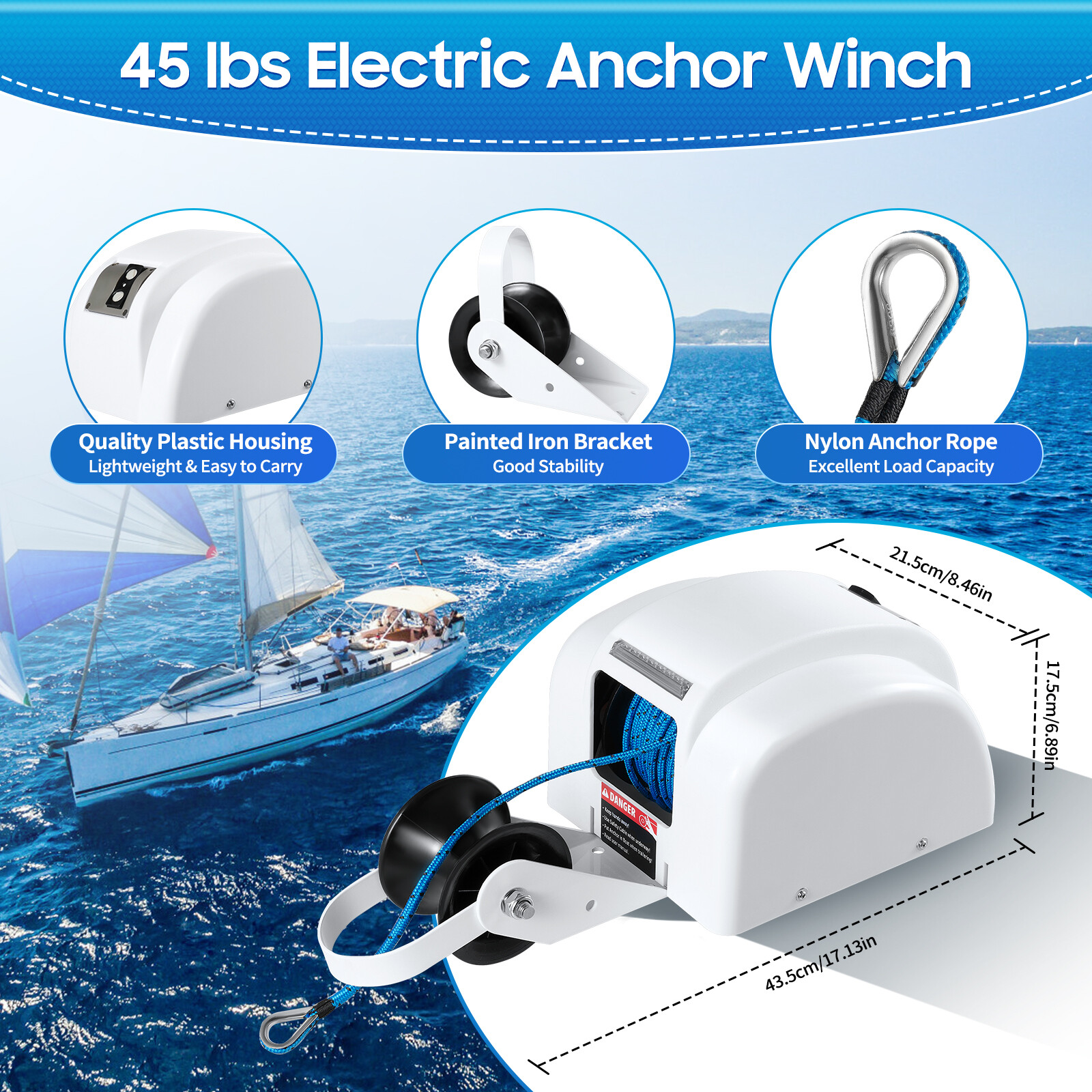 Electric Anchor Winch 45 Lbs 12V With Wireless Remote 100 ft Rope For Boat