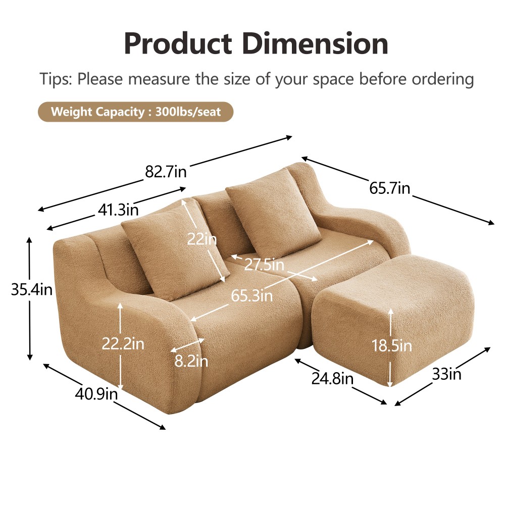 L-Shaped Teddy Fabric 2-Seat Sofa w/ Curved Armrests, No Assembly