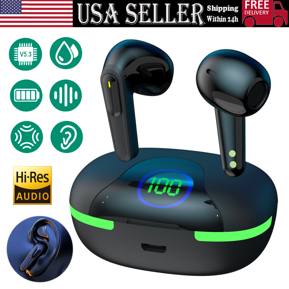 Bluetooth Waterproof Headset TWS 5.4 Wireless Earphone Earbuds Headphones Stereo