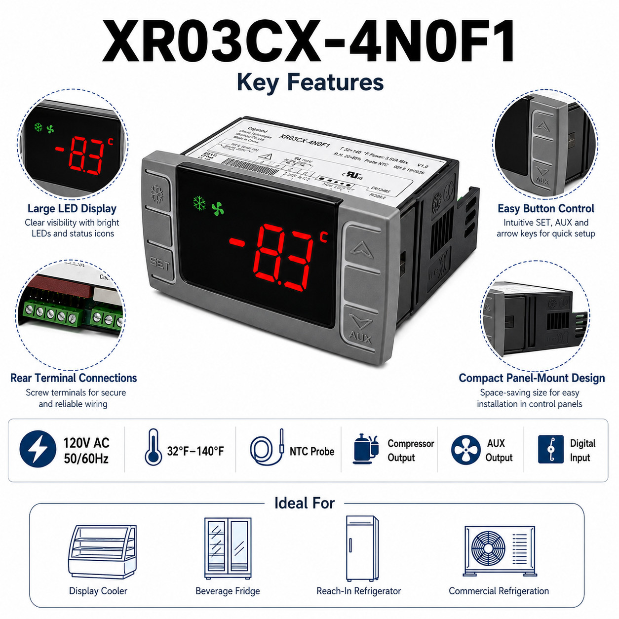 Dixell XR03CX-4N0F1 120V Digital Refrigeration Temperature Controller NTC Probe