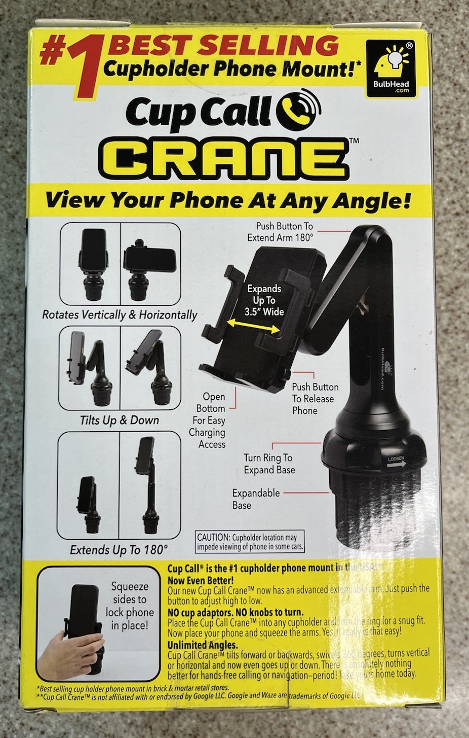NEW Bulbhead Cup Call Crane Extendable Phone Mount for the Cupholder