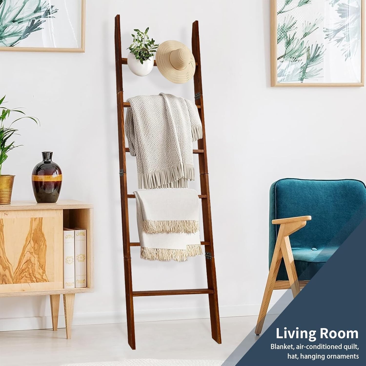 Wooden Blanket Ladder with Removable Hooks, 6-Tier 5.66 Ft (68 Inch) Rustic