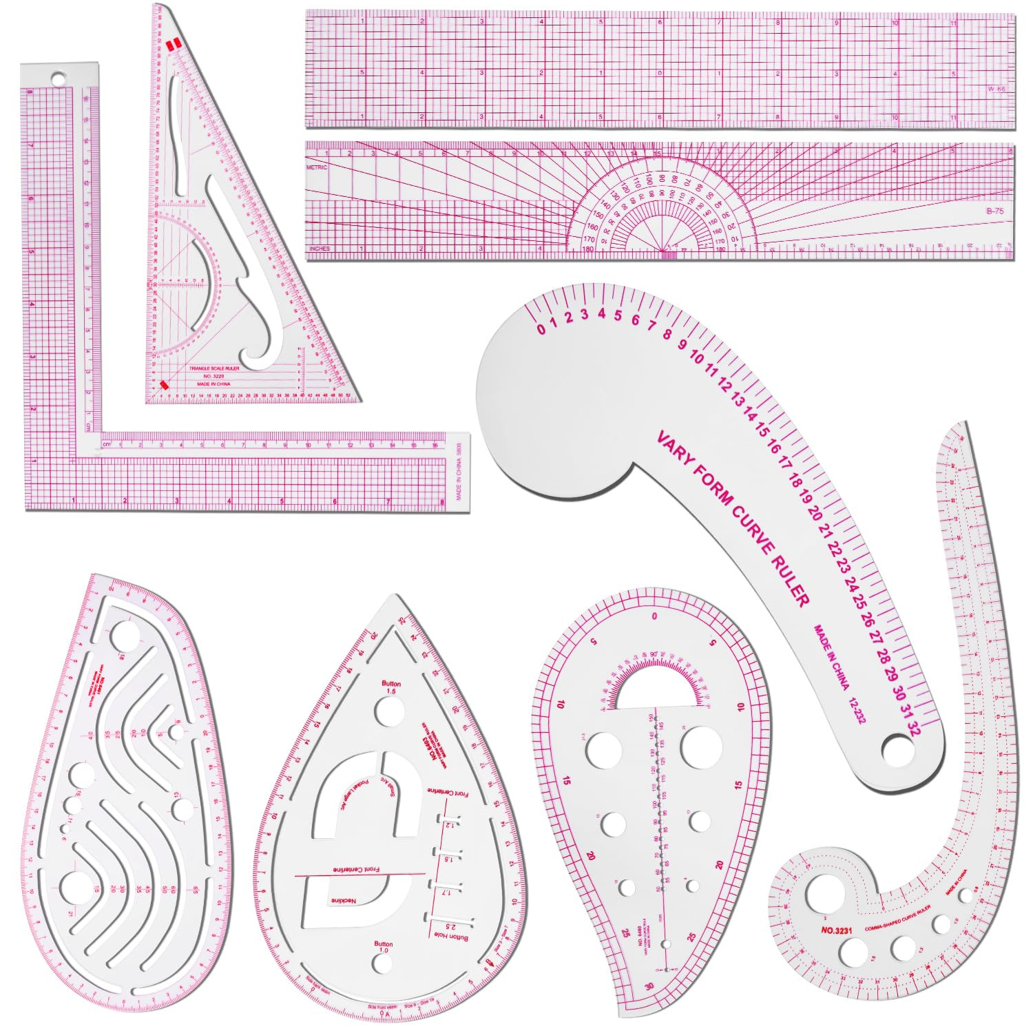9 Pcs Clear Metric Sewing Ruler Set French Curve Pattern Making Ruler Kit for Kn