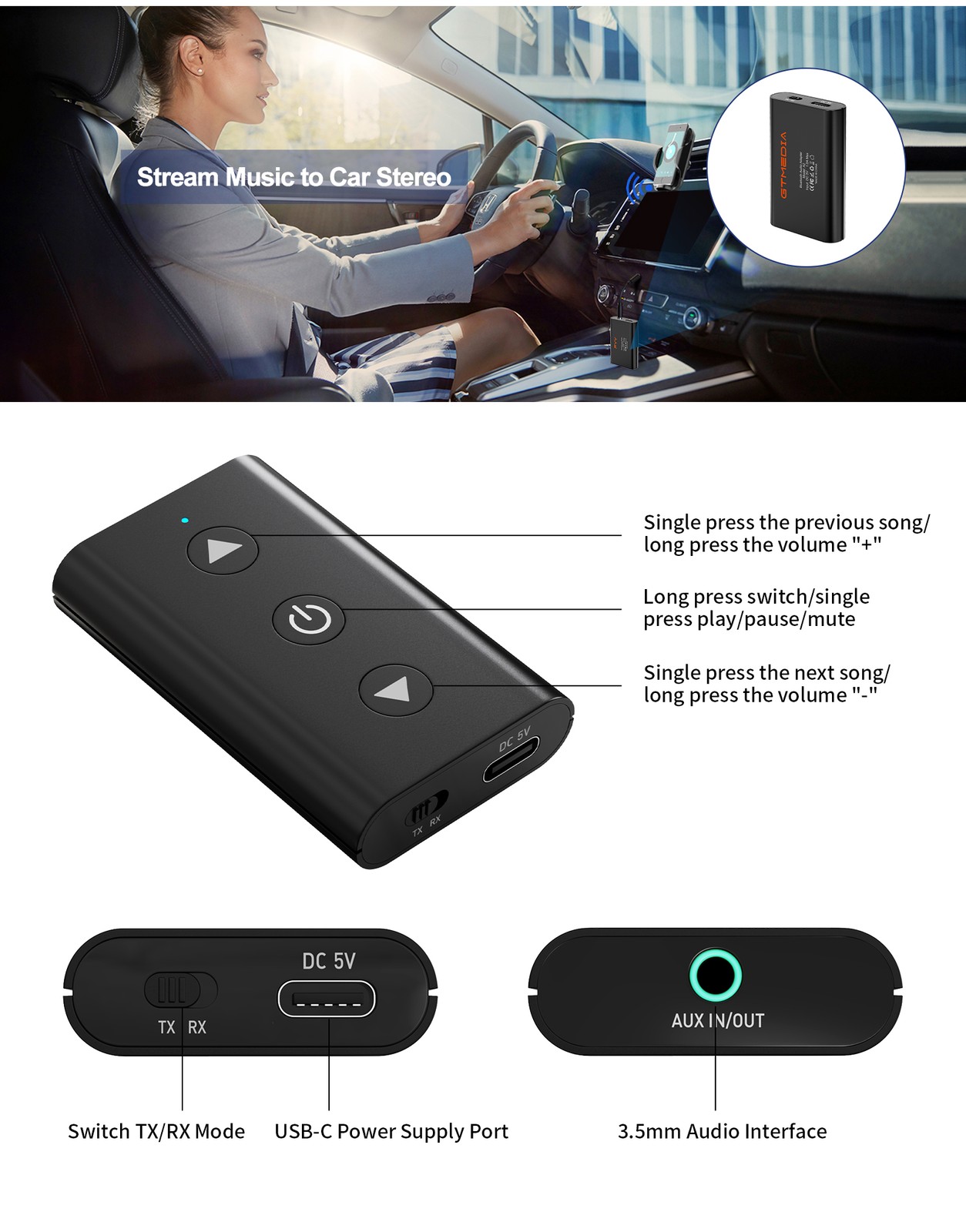 GTMEDIA Wireless Bluetooth 5.1 Audio Transmitter Receiver Adapter for Airplane