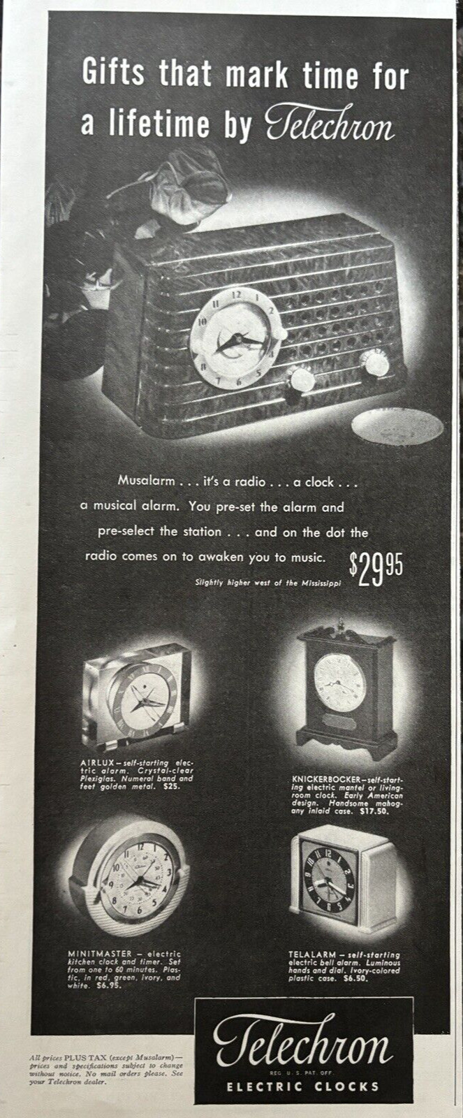 Telecron Electric Clocks multiple varieties musalarm Vintage print ad 1947