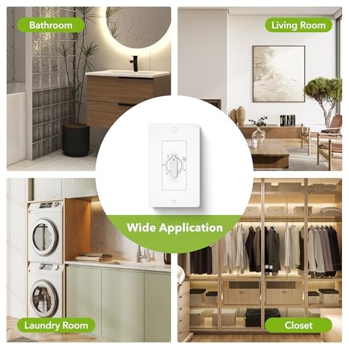 60 Minute Spring Wound Countdown Timer Switch for Bathroom Exhaust Fan, in