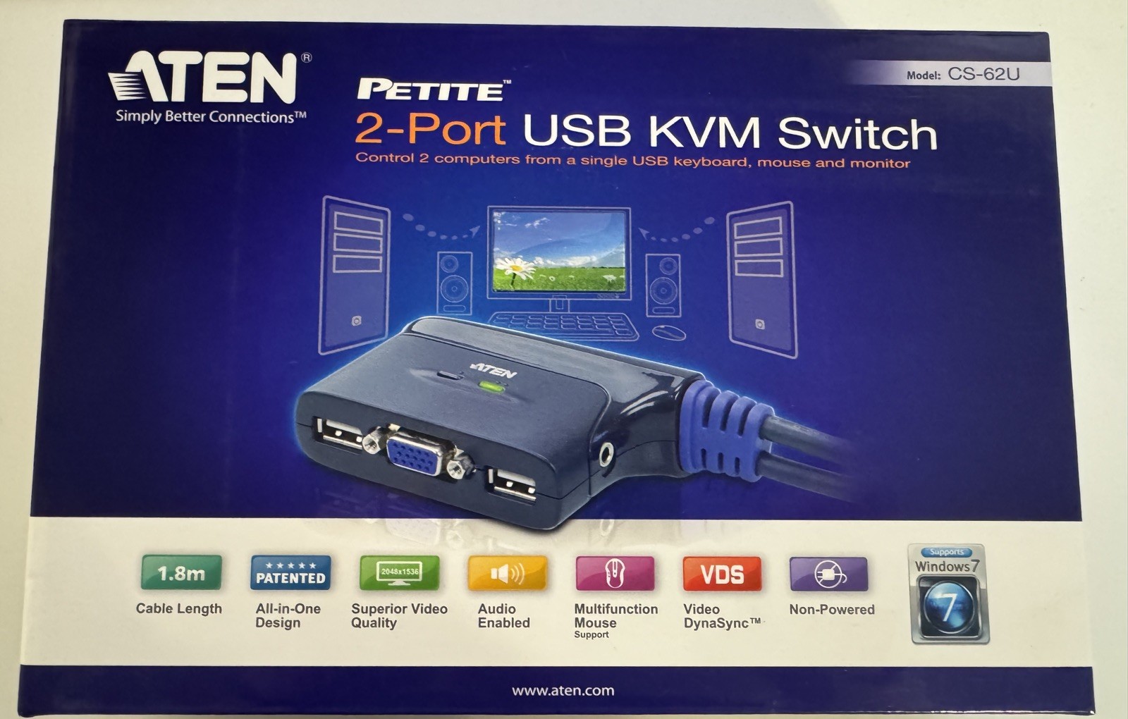 ATEN PETITE 2-PORT USB KVM SWITCH CS-62U 1.8m VIDEO AUDIO CABLE NIB